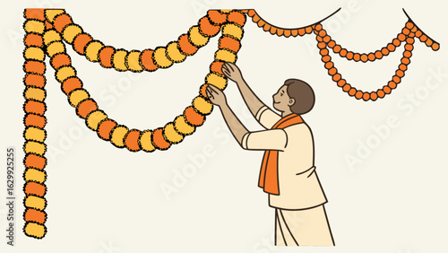 A person arranging vibrant marigold garlands, a traditional indian decoration for diwali and other festive celebrations, symbolizing joy and prosperity
