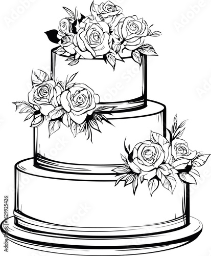 Intricate black and white three-tier cake covered in roses, line art. Vector illustration