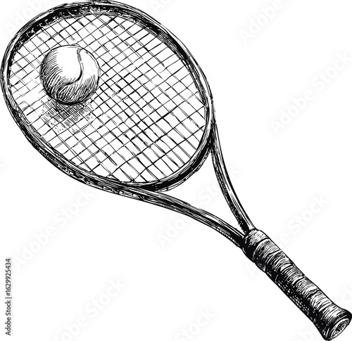 Vintage tennis racket and ball drawing in monochrome style. Vector illustration