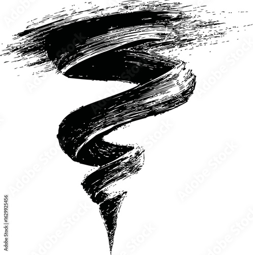 Black and white abstract brushstroke resembling a tornado shape in motion. Vector illustration
