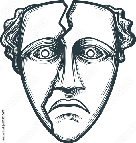 Cracked ancient theater mask sketch with sorrowful expression in black and white. Vector illustration