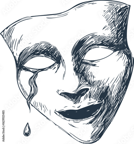 Sad theatrical mask sketch with a tear and delicate line art. Vector illustration