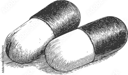 Detailed black and white sketch of two capsules in a vintage style. Vector illustration