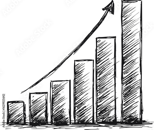 Black and white hand-drawn bar chart with upward trend arrow. Vector illustration