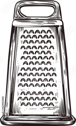Black and white vintage illustration of a metal box grater for kitchen use. Vector illustration
