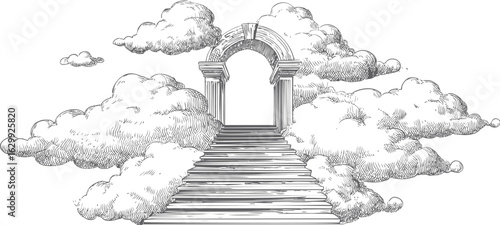 Heavenly staircase leading to an archway surrounded by clouds, black and white drawing. Vector illustration