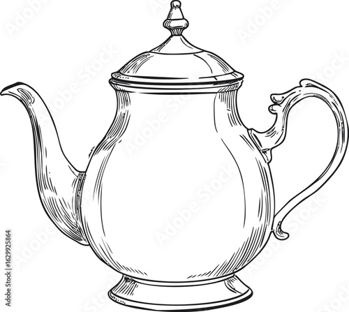 Black and white sketch illustration of a vintage teapot with intricate designs. Vector illustration