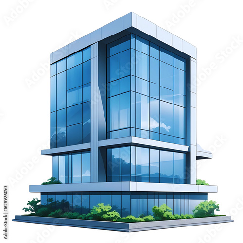 modern office building. Modern isometric vector illustration of a glass office building with reflective blue windows, surrounded by minimalist landscaping
