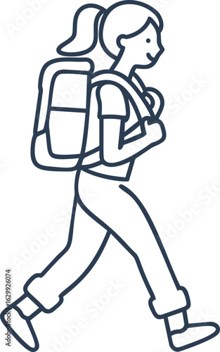 Line art of a smiling woman hiking with backpack in minimalist style. Vector illustration