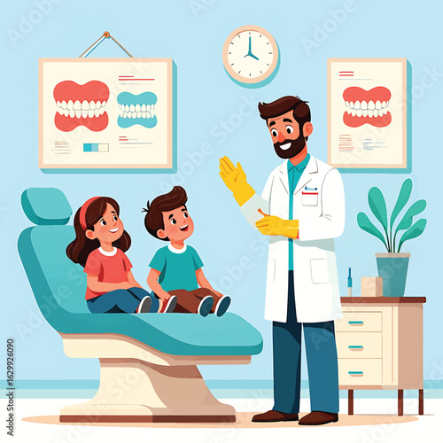 Friendly pediatric dentist explaining dental care to children in a clinic. Vector illustration.