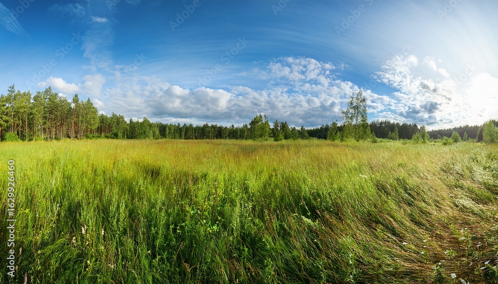 Naklejka premium panorama of a wild field covered with thick grass in the background a forest and a blue sky with clouds