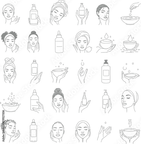 Skincare Routine Vector Icon Set — Black and White Line Art of Cleansing, Moisturizing, Bottles, Hands, and Beauty Products