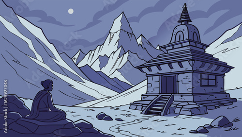 A serene illustration of a buddhist stupa nestled in the himalayan mountains, with a meditating figure in the foreground, under a soft moonlight