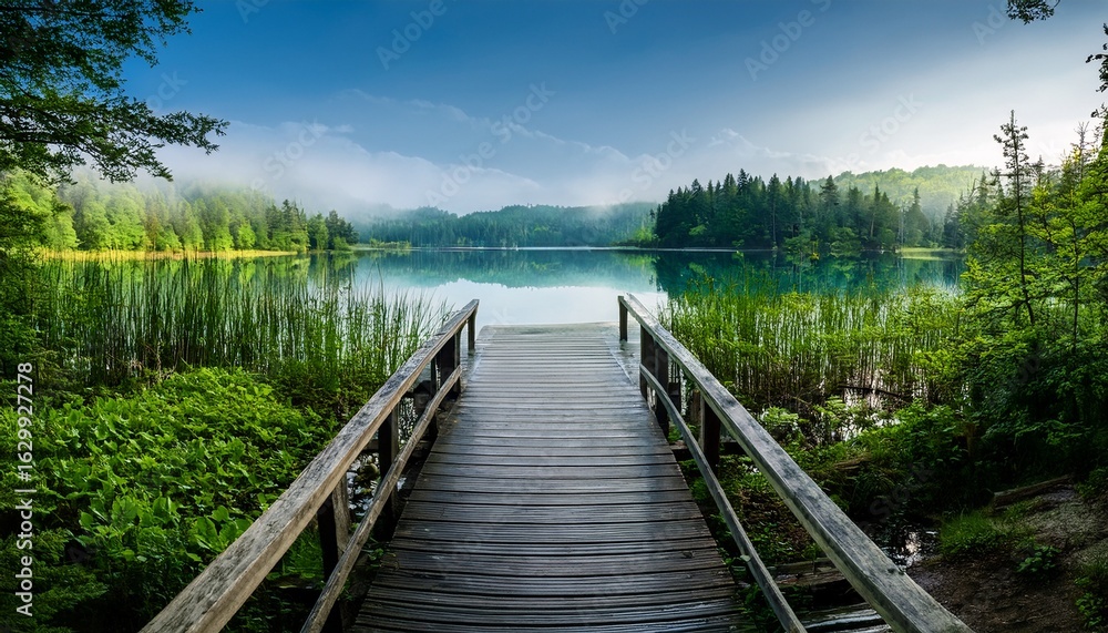 Fototapeta premium serene boardwalk leading to a still lake surrounded by lush greenery and soft reflections