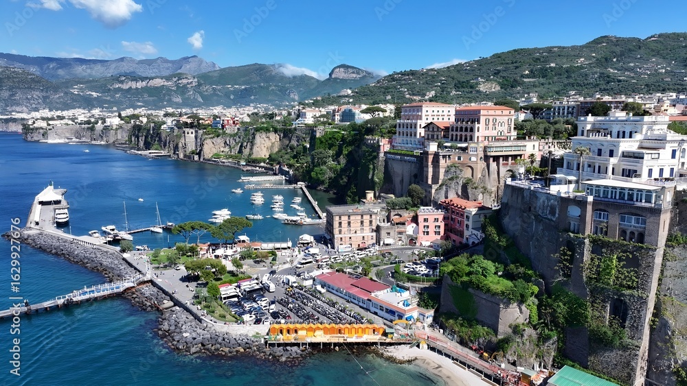 Obraz premium Sorrento Coast In Sorrento Naples Italy. Turquoise Ocean Waves Gently Crashing On Tropical Beach. Coast Horizon Seaside Summertime. Coast Panoramic. Sorrento Naples.