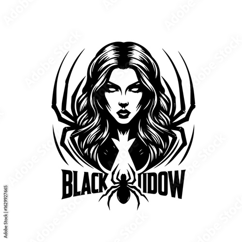 Black widow woman isolated on white background in black and white style