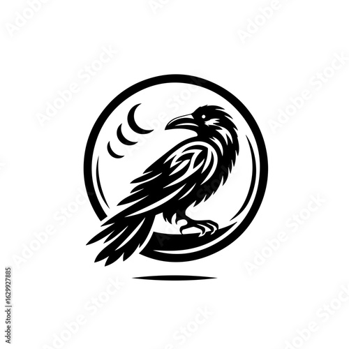 Elegant raven sitting on the moon isolated on white background