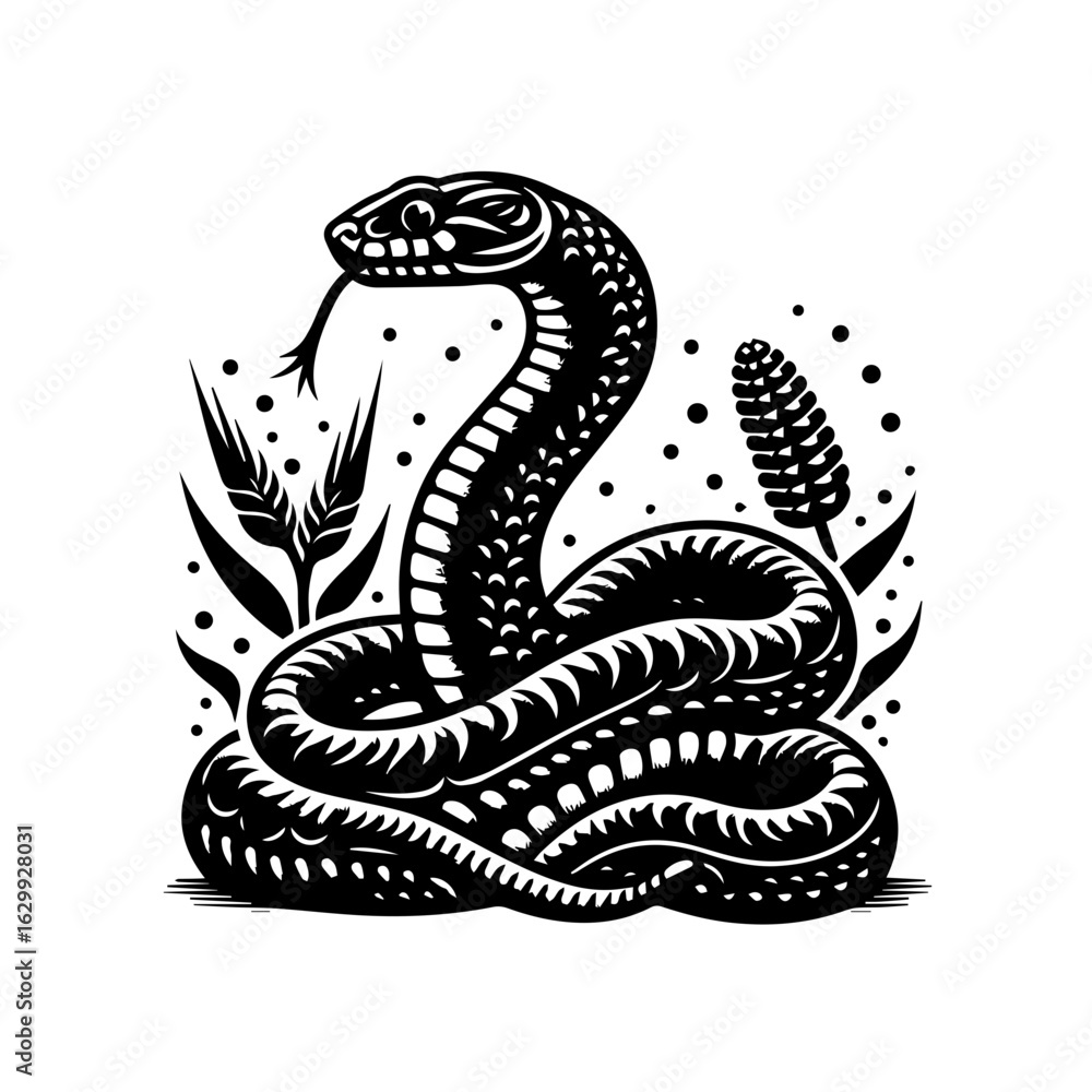 Fototapeta premium Cobra snake with tongue and plant isolated on white background illustration