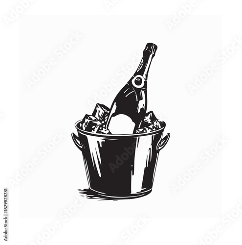 Champagne Bottle in Bucket with Fresh Ice Vector for Party and Celebration Design