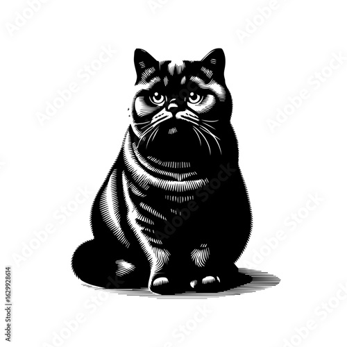 Black cat sitting isolated on white background with a grumpy expression