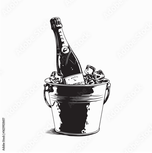 Champagne Bottle in Bucket with Fresh Ice Vector for Party and Celebration Design