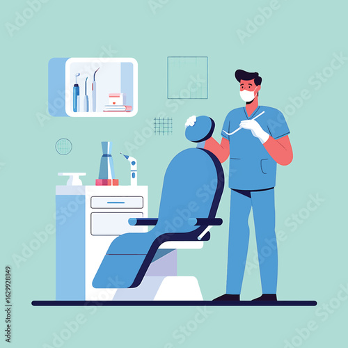 Professional dentist treating a patient in a modern dental clinic. Vector illustration.
