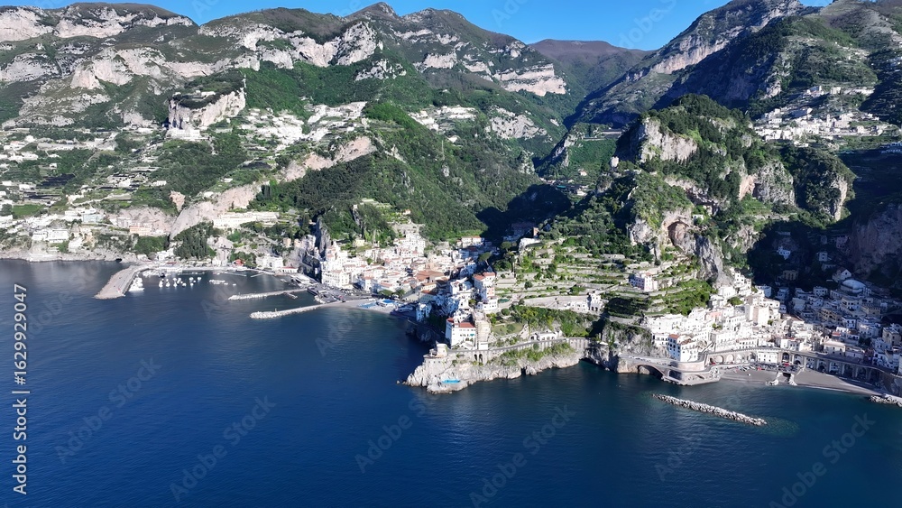Obraz premium Amalfi Coast In Amalfi Salerno Italy. Breathtaking Aerial View Of A Lush Tropical Coastline Scenery. Deserted Skyline Heaven Amazing. Heaven Waterfront Shore. Amalfi Salerno.