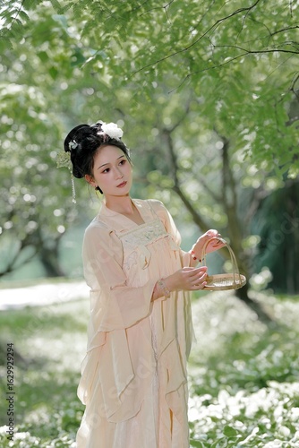 Woman in traditional clothing holding a basket in nature.