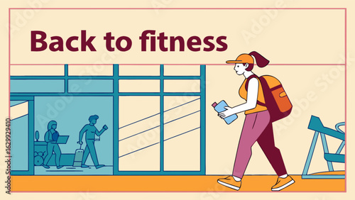 Back to fitness a woman with a backpack and a bottle in her hand is walking in the gym, with people working in the office in the background