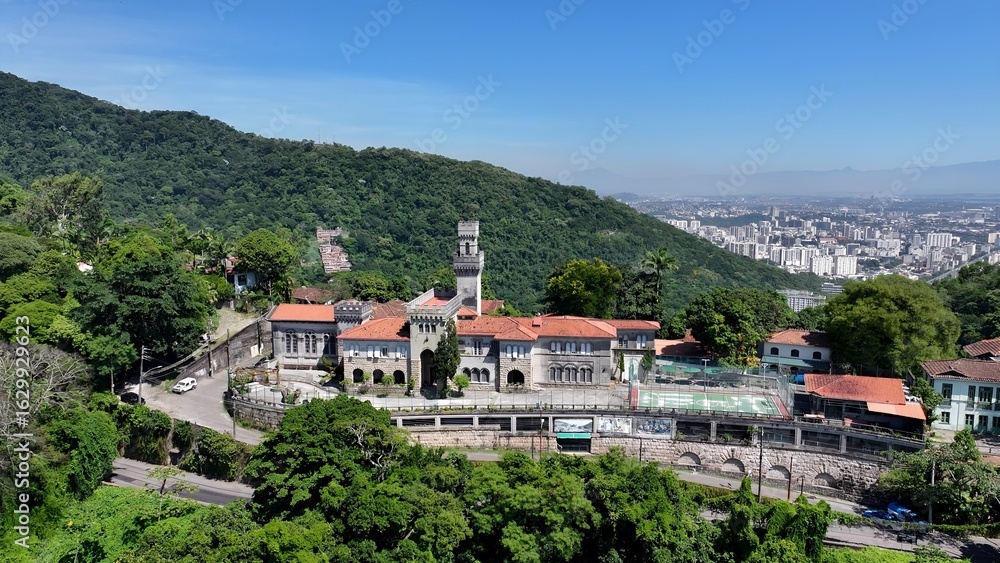 Fototapeta premium Educacional Center In Rio De Janeiro Brazil. Bird Eye View Of Famous Building In Vibrant District Of City. Metropolitan Skyline Panoramic City View Stunning. Metropolitan Architecture Business.