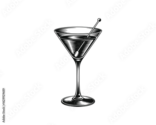 Elegant hand drawn sketch of a classic martini cocktail in a glass