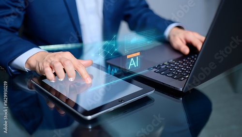 Businessman Integrating AI Technology Using Laptop and Tablet for Enhanced Productivity and Future Innovation in Global Business Strategy