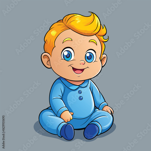 Happy blond baby boy in blue pajamas sitting down