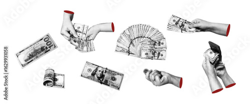 Money cash concept halftones collage. Retro illustration on financial theme on transparent background.