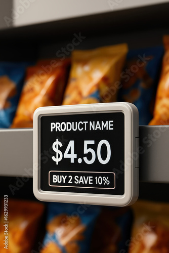 Digital Price Tag Displaying Discount On Retail Shelf With Snack Background In Grocery Store