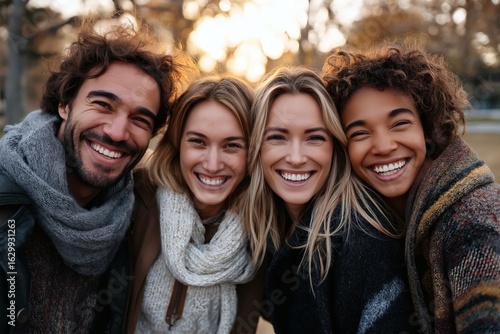 Group of friends happily posing together, radiant smiles in the sunshine