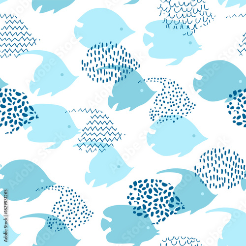 Abstract blue fish seamless pattern. Tropical fish schools swimming background. Marine life concept cartoon style. Vector illustration in silhouettes, doodle, scribble art for summer fabric design