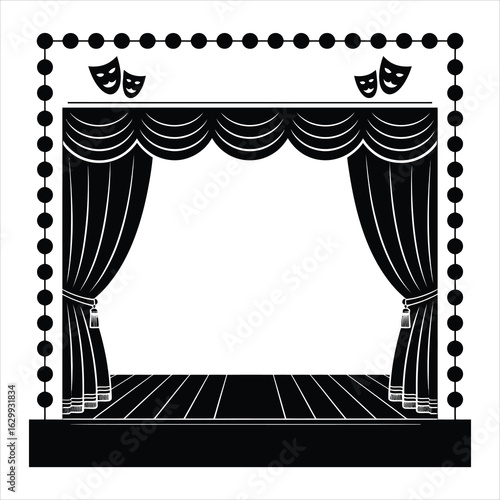 Elegant black and white illustration of an open theater stage with curtains and masks