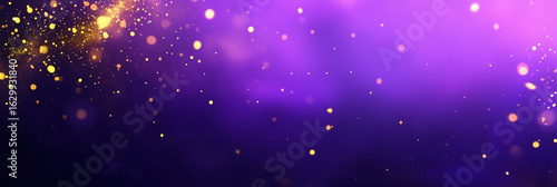 abstract background with purple and gold particle. Golden light shine particles bokeh on purple background.