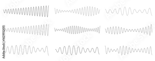 Voice assistant icon set. Voice recognition symbol. Audio wave vector illustration. Sound frequency sign. Podcast sound waves set. Music wave line sound one noise icon audio frequency signal vector.