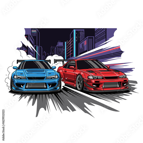 Full speed JDM racing. Motorsport club illustration. Rancing club Illustration. American stock car. Extreme racing. Racing club vector t-shirt print design. Japanese street car legend.