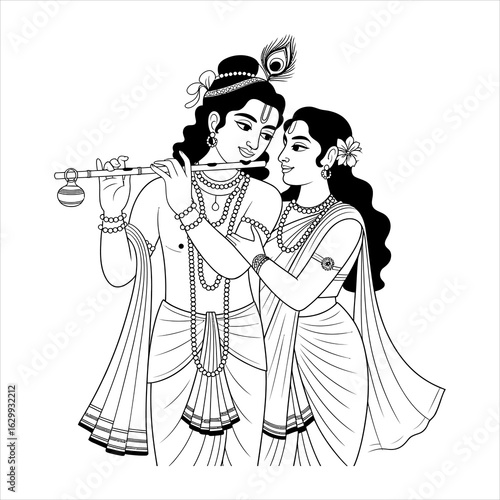 Intimate embrace of lord krishna and radha in a traditional indian artwork