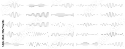 Voice assistant icon set. Voice recognition symbol. Audio wave vector illustration. Sound frequency sign. Podcast sound waves set. Music wave line sound one noise icon audio frequency signal vector.