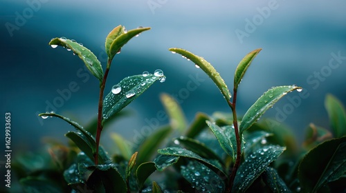 Raindrops on green leaves in serene natural setting