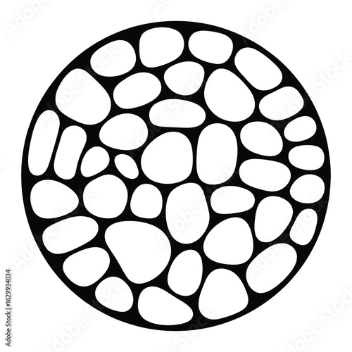 Circular mosaic pattern of irregular white pebbles outlined in black