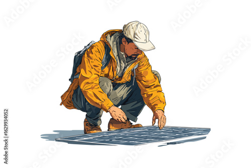 person Installing Solar Panels on House Roof isolated