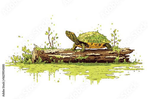 Turtle on a log in a pond isolated