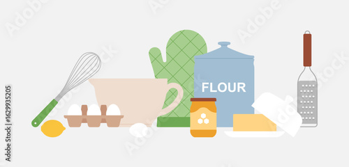 Baking ingredients and utensils including flour, egg, butter, honey, lemon, bowl, whisk, glove and grater, set. Cozy home cooking scene. Simple illustration, stock flat vector, isolated.