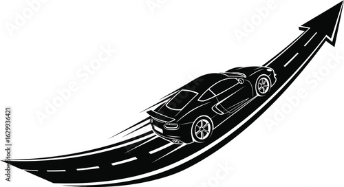 Car driving on an upward arrow road