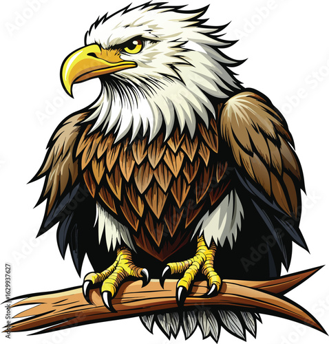 Majestic bald eagle perched on a branch with fierce expression